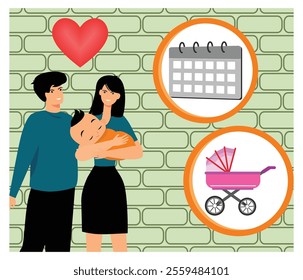 Young family with their baby, surrounded by symbols of love, planning, and child-rearing. Flat vector modern illustration 