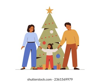 Young family with their child celebrate new year eve. Mother father and daughter hold hands near Christmas tree. Happy Man woman and baby girl  decorate xmas tree at home. Festive concept. Vector