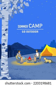 Young family and their dog enjoying night camp in summer - Vertical, Included words