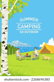 Young family and their dog enjoying camp in summer nature - Vertical, Included words