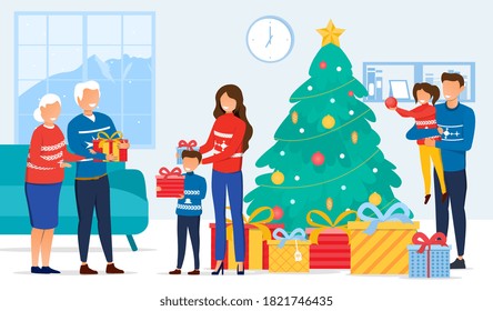 A young family, their parents and children a boy and a girl standing next to a decorated Christmas tree and give each other gifts.