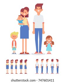 Young Family together - mother, dad and children. Front, side, back, 3/4 view for animation. Cartoon style, flat vector illustration.