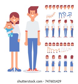 Young Family together - mother, dad and child. Front, side, back, 3/4 view for animation. Cartoon style, flat vector illustration.