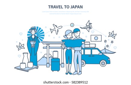 Young family travel to Japan, conducting a joint vacation, acquainted with the culture, sights and traditions of the country. Illustration thin line design of vector doodles, infographics elements.