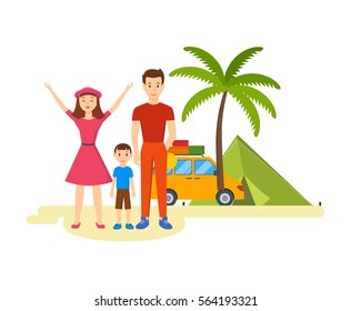 A young family is traveling in his car. Stops include a trip to get acquainted with the sights and sharing photos. Vector illustration. Can be used in banner, design.