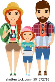 A young family is traveling. Man holding a map. A happy family. Cartoon vector illustration. Isolated on a white background.