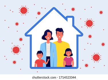 Young family with two children stays at home. Happy people inside home icon. Coronavirus quarantine and protection concept COVID-19