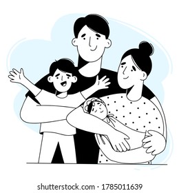 A young family with two children.  A woman holds a newborn in her arms. Vector black and white linear illustration.