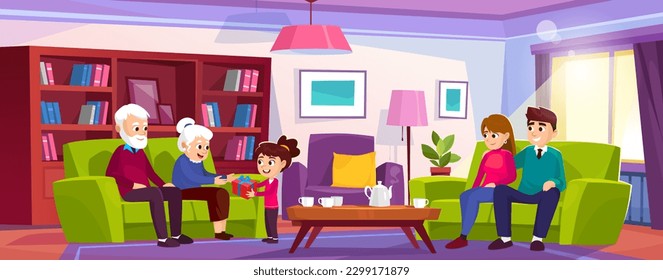 Junge Familie besucht Großeltern zu Hause im Urlaub. Eltern sitzen zusammen auf einem Sofa in einem gemütlichen Wohnzimmer. Kleines Mädchen, das ihrer Großmutter ein Geschenk macht. Vektorgrafik im Cartoon-Stil.