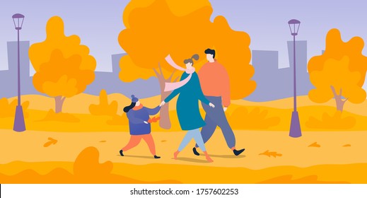 Young Family Walk National Outdoor Park, Cheerful Mother Father And Daughter Stroll Autumn Garden Flat Vector Illustration. Cozy Character Person Pace Urban City Orange Fall Reserve.