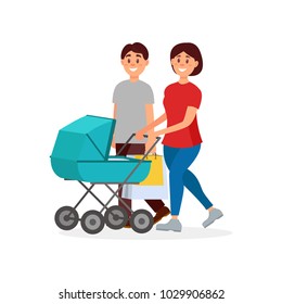 Young family walking after shopping. Mother pushing carriage with baby, father carrying packages. Happy parents. Cartoon people characters. Colorful flat vector design