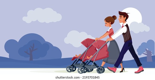
Young Family Walking Babies in Strollers Vector Cartoon Illustration. Mom and dad with pushchair prams enjoying outdoors bonding activity
