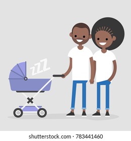 Young family walking with a baby carriage. Mother and father. Black couple with a child. Flat editable vector illustration, clip art