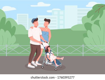 Young family walking flat color vector illustration. Mother, father and child recreation in city. Mom and dad with baby stroller in urban park 2D cartoon characters with cityscape on background