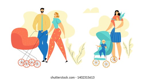 Young Family Walking in the Park. Parents with Baby Stroller. Mom and Dad with Newborn Child. Happy Mother and Father with Pram. Vector flat illustration