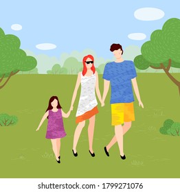 Young family walks in the park. Mom wears sunglasses, daughter with colorful dress, father wears shorts. Strolling park or forest. Young couple with child walking in wood and holding hands. Flat image