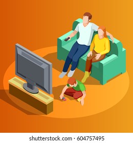 Young family watching tv in living room with little boy playing on carpet isometric view vector illustration 