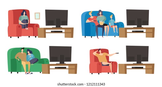 Young Family Watching TV. Sitting on a Sofa in a Living Room in Front of the Television Screen. Flat Modern Vector Illustration Set Isolated on White Background