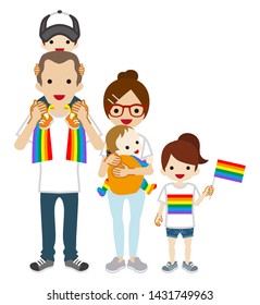 Young family wearing rainbow goods fashion - LGBT parade concept art