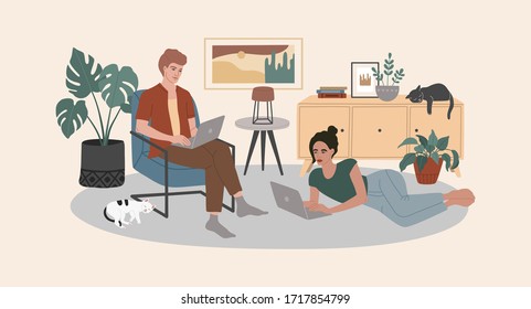 A young family, women and man work remotely during quarantine at home. Stay safe, Covid-19, coronavirus. Comfortable apartments, freelance online job, a cozy interior. Vector illustration, flat style