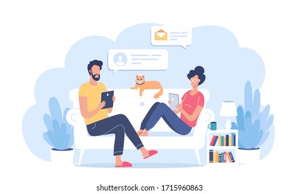 Young family working on their couch at home vector illustration