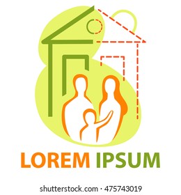 Young familyin in new house icon, housewarming logo, flat vector illustration.