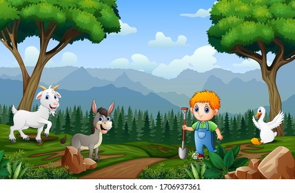 Young farmer with animals in the field