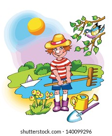 Young farmer boy on fine sunny day