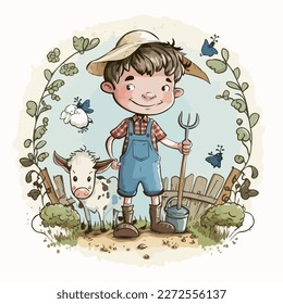 Young farmer boy. Vector graphics. Illustration for a child. Smiling, cheerful little farmer boy.