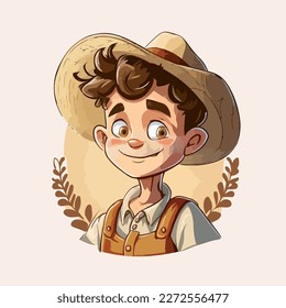 Young farmer boy. Vector graphics. Illustration for a child. Smiling, cheerful little farmer boy.

