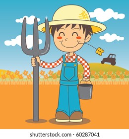 Young farmer boy working on the farm and holding a fork and a bucket.
