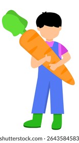 young farmer is carrying a giant carrot. carrot harvest. farmer with carrot