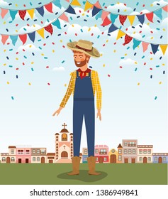 young farmer celebrating with garlands and cityscape
