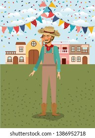 young farmer celebrating with garlands and cityscape