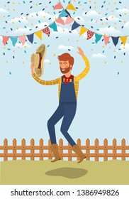 young farmer celebrating with garlands and fence