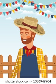 young farmer celebrating with garlands and fence