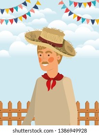 young farmer celebrating with garlands and fence