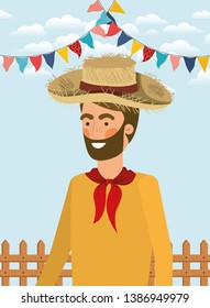 young farmer celebrating with garlands and fence