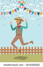 young farmer celebrating with garlands and fence