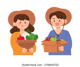 Young farmer couple are smiling while holding produce.