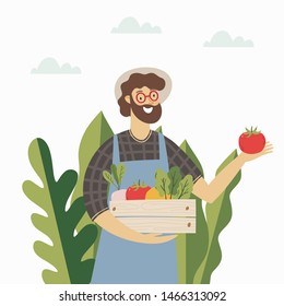 A young farmer at a farmers market sells vegetables. Illustration of a modern style vegan shop.