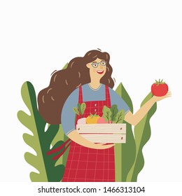 A young farmer at a farmers market sells vegetables. Illustration of a modern style vegan shop.