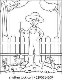 A young farmer in garden with carrot vector, coloring book for kids and adult.