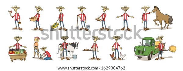 Young farmer in the hat, funny cartoon\
character set in various poses. Flat vector illustration, isolated\
on white background.