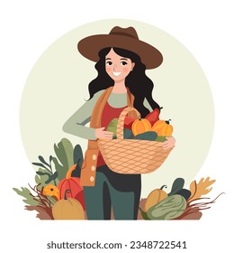 A young farmer in a hat holding a basket full of vegetables: pumpkin, cabbage, eggplant, zucchini. Autumn harvest concept. Eco wellness food illustration.