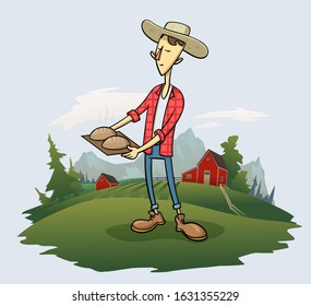 A young farmer in the hat holding freshly baked bread in front of him, funny cartoon character standing on the grass with trees and mountain landscape on the background. Flat vector illustration.