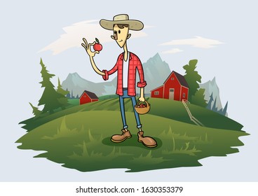 Young farmer in the hat with a red apple in his hand, cartoon character standing on the grass with trees and mountain landscape on background. Flat vector illustration.