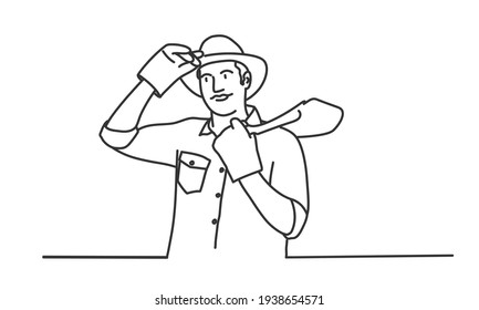 Young farmer in a hat and work gloves with a shovel on his shoulder. Hand drawn vector illustration.