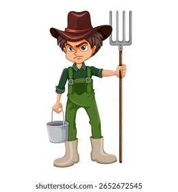 Young farmer holding pitchfork and bucket vector