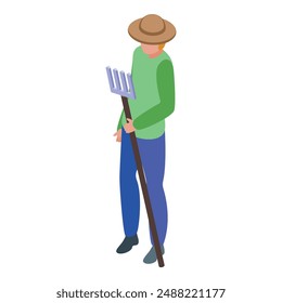 Young farmer holding rake getting ready for agricultural work isometric illustration